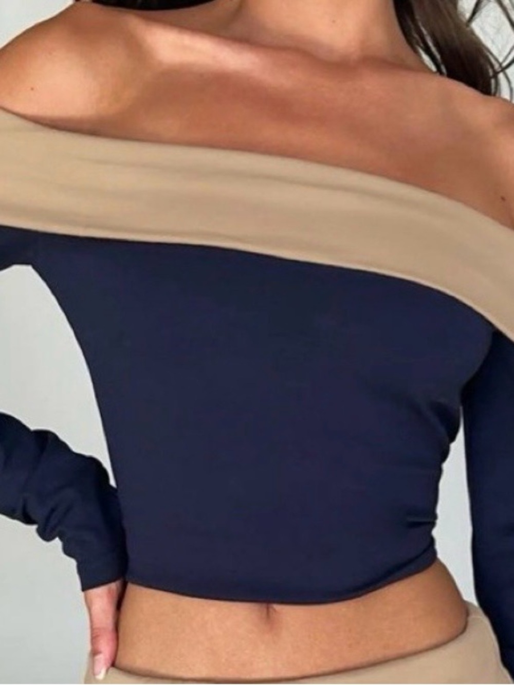 Tiger Mist Off-Shoulder Colorblock Crop Top in Navy and Beige